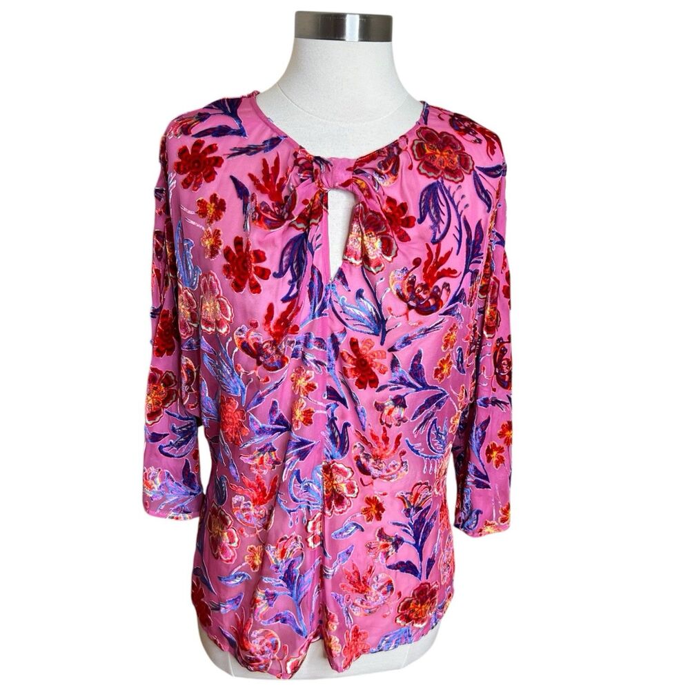 Hale Bob Pink Floral Silk Velvet Burnout Top Womens M 3/4 Sleeve Keyhole Back